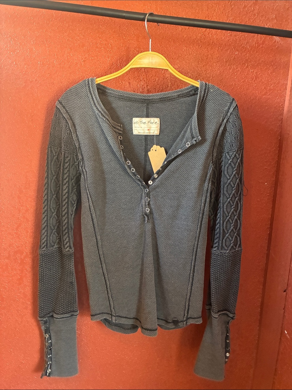 Free People Charcoal Knit Henley with Cable-Sleeve Details